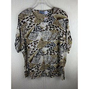 M.P.H. Collection Womens 3X Brown Tan Animal Print Beaded Rayon Short Sleeve Top